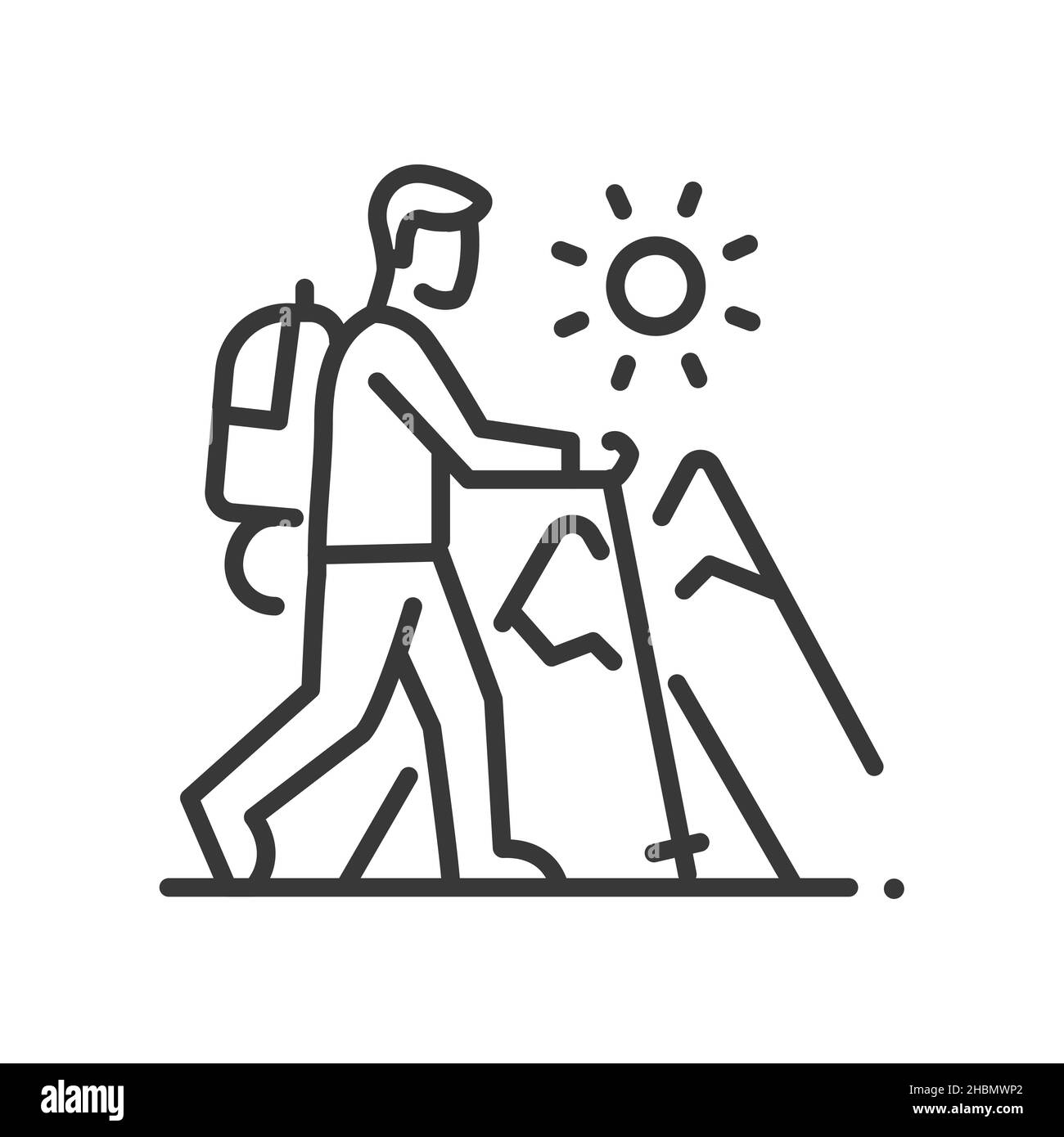 Turismo di montagna - disegno di linea vettoriale icona singola isolata su sfondo bianco. Pittogramma nero di alta qualità. Turista in viaggio con attrezzatura speciale Illustrazione Vettoriale
