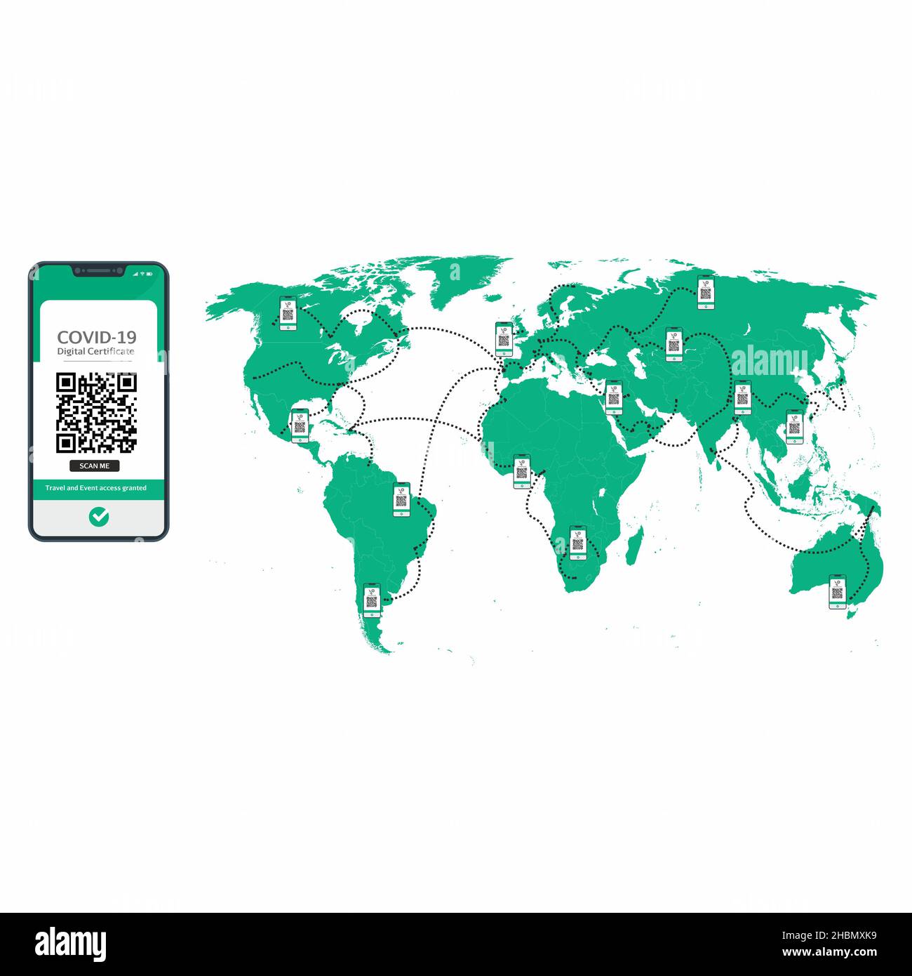 Certificato digitale Internazionale di vaccino per Covid-19 in un cellulare per viaggiare tra paesi e accedere ad eventi culturali nel mondo. Foto Stock