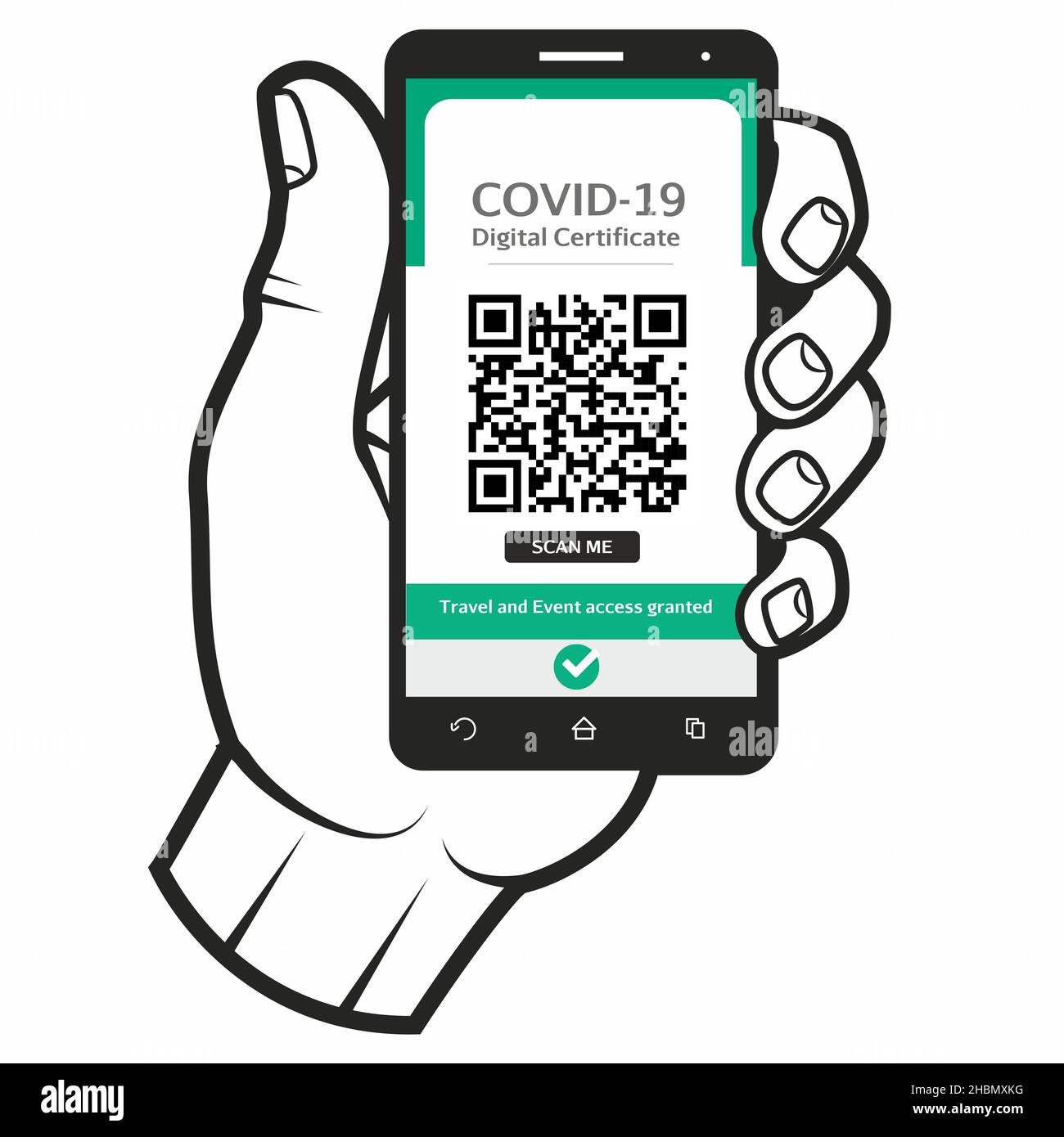 Mano che tiene il certificato digitale Internazionale di vaccino per il Covid-19 in un cellulare per viaggiare tra paesi e accedere alla vigilia culturale Foto Stock