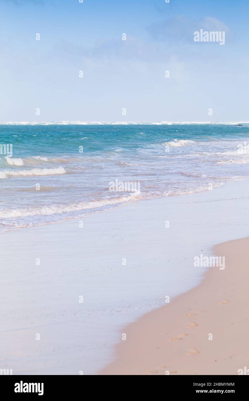 Foto verticale del paesaggio caraibico con una costa sabbiosa vuota in una giornata di sole. repubblica Dominicana. Spiaggia di Bavaro Foto Stock