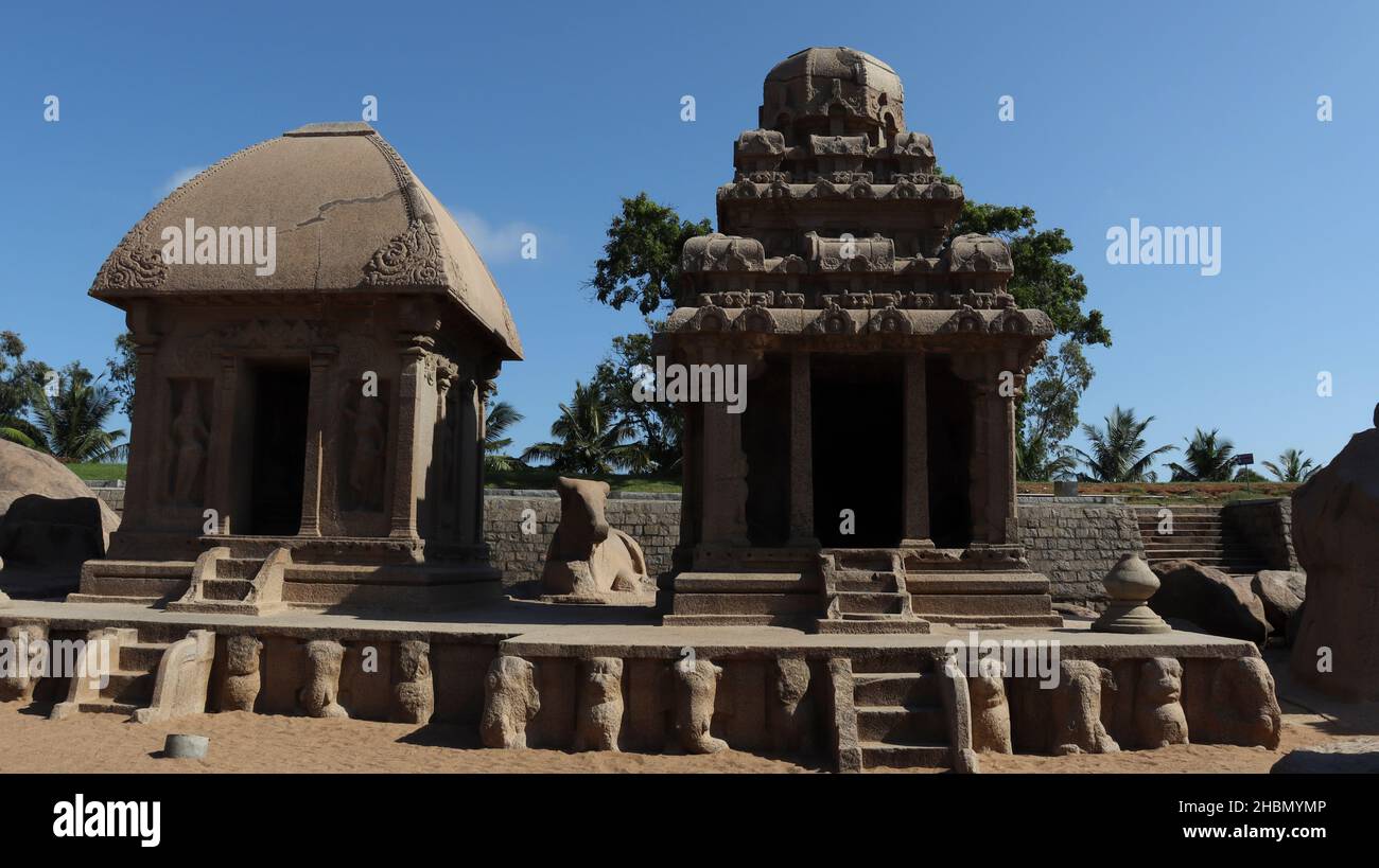 Si tratta di "cinque rate", che assomigliano ai carri processionali di un tempio. Statue scolpite nella roccia. Questo è uno dei tratti di diverse Scritture indù Foto Stock