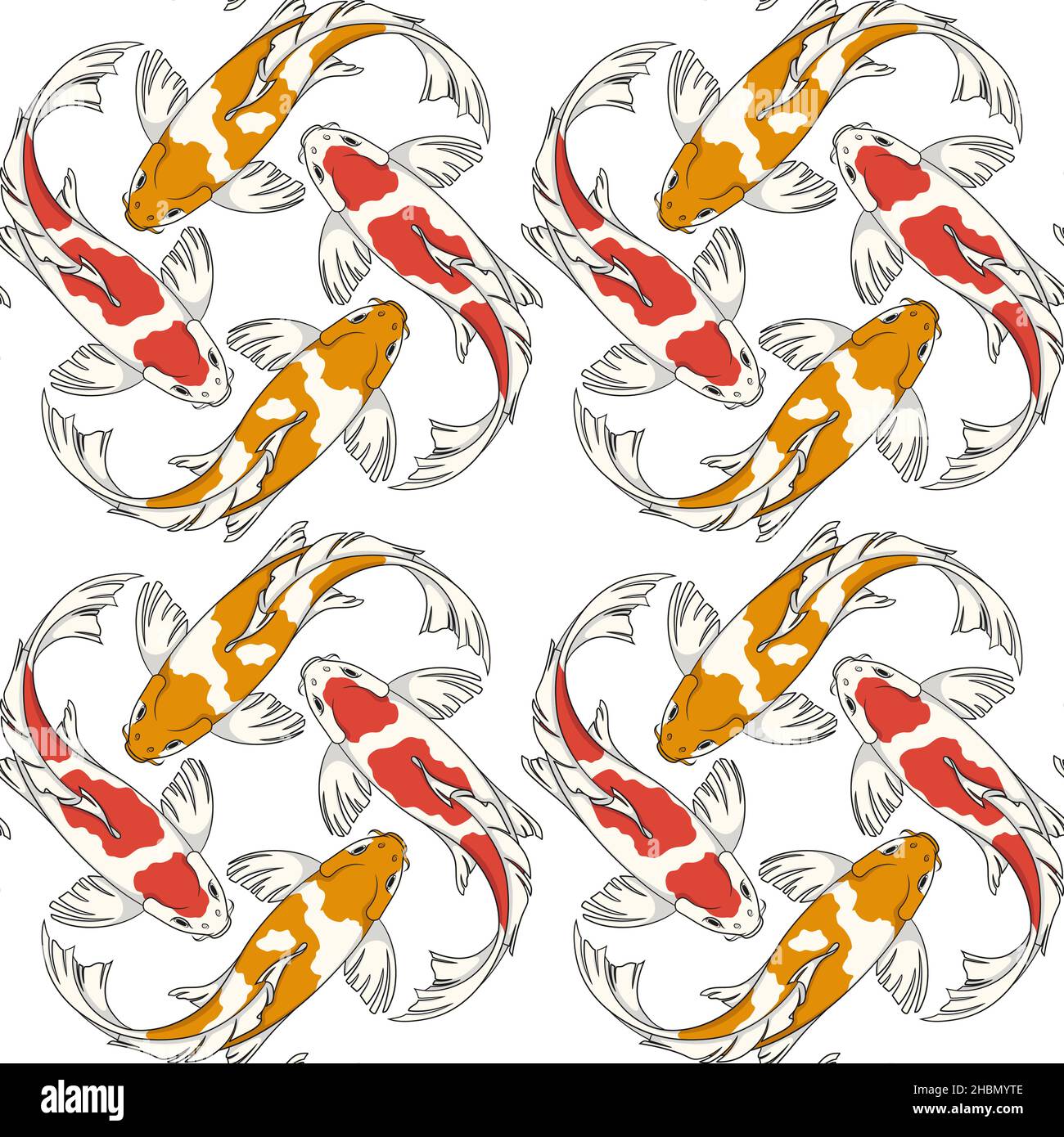 Modello senza cuciture con carpe di pesce koi rosse e arancioni. Sfondo vettoriale colorato. Illustrazione Vettoriale