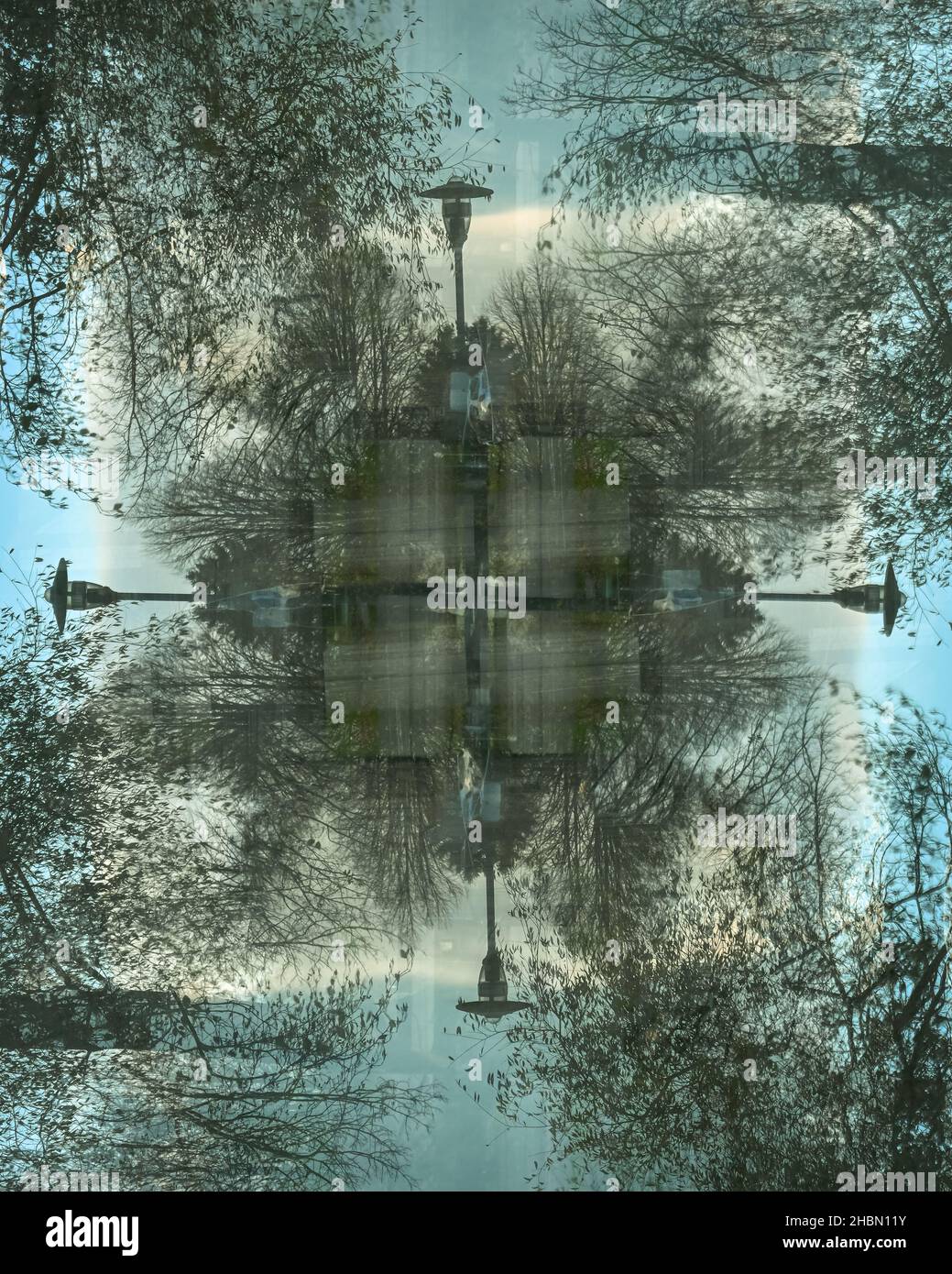 astrazione con un lampione e alberi che formano una croce al centro dell'immagine Foto Stock