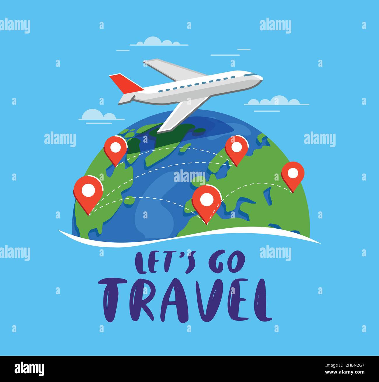Viaggio in aereo in vari paesi. Posizione del viaggio sulla mappa globale. Illustrazione vettoriale di stile piatto Illustrazione Vettoriale