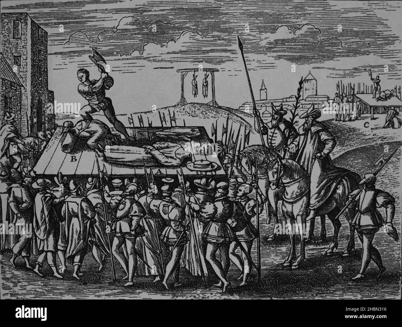 Punizioni decretate da Enrico VIII contro i cattolici. A: Bishiop Fisher, 17 giugno 1535. B: Thomas More, 9 luglio 1535. C: Contessa di Salisbury. Da Foto Stock
