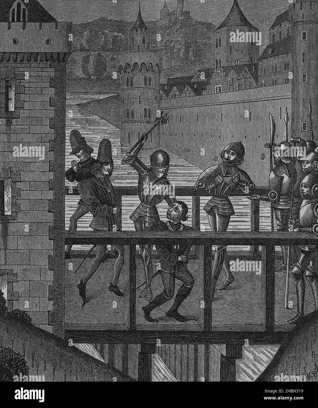 Assassinio del Duca di Borgogna, Giovanni senza lacrime. Sul Ponte di Montereau, 1419. Cronache di Monstrelet, 15th secolo. Foto Stock