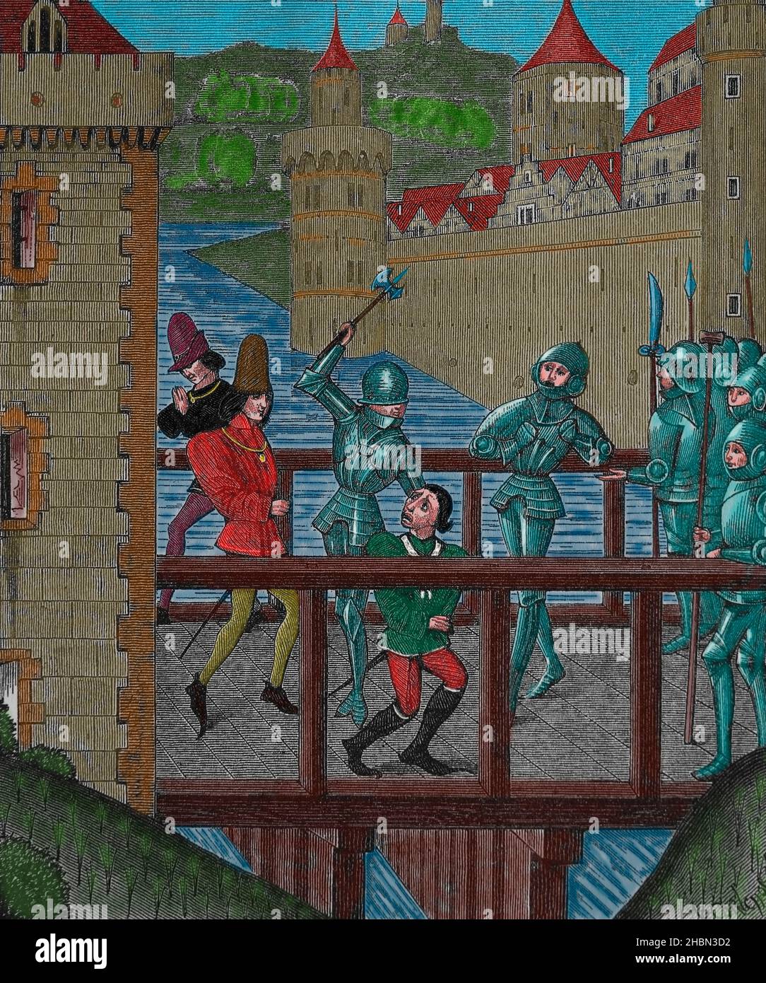 Assassinio del Duca di Borgogna, Giovanni senza lacrime. Sul Ponte di Montereau, 1419. Cronache di Monstrelet, 15th secolo. Foto Stock