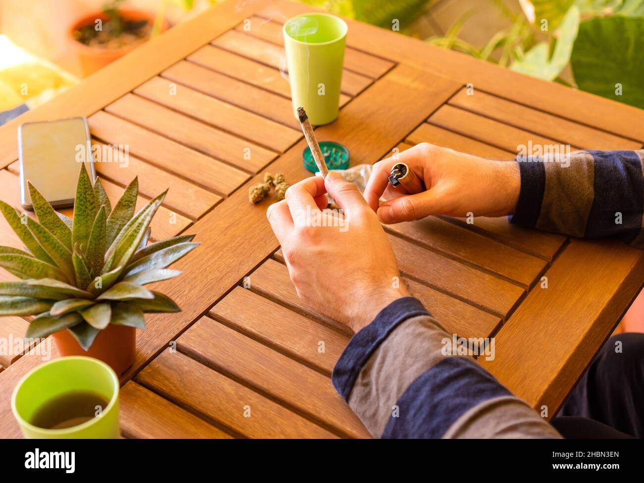 Persona non riconosciuta ad un tavolo di legno che fuma cannabis comune in un bel posto pieno di piante. Foto Stock