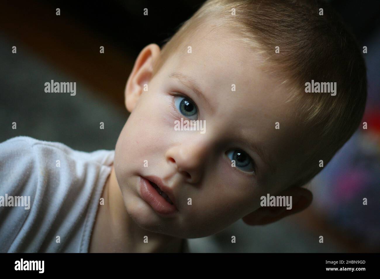Spensierate il bambino di due anni guarda direttamente alla fotocamera Foto Stock