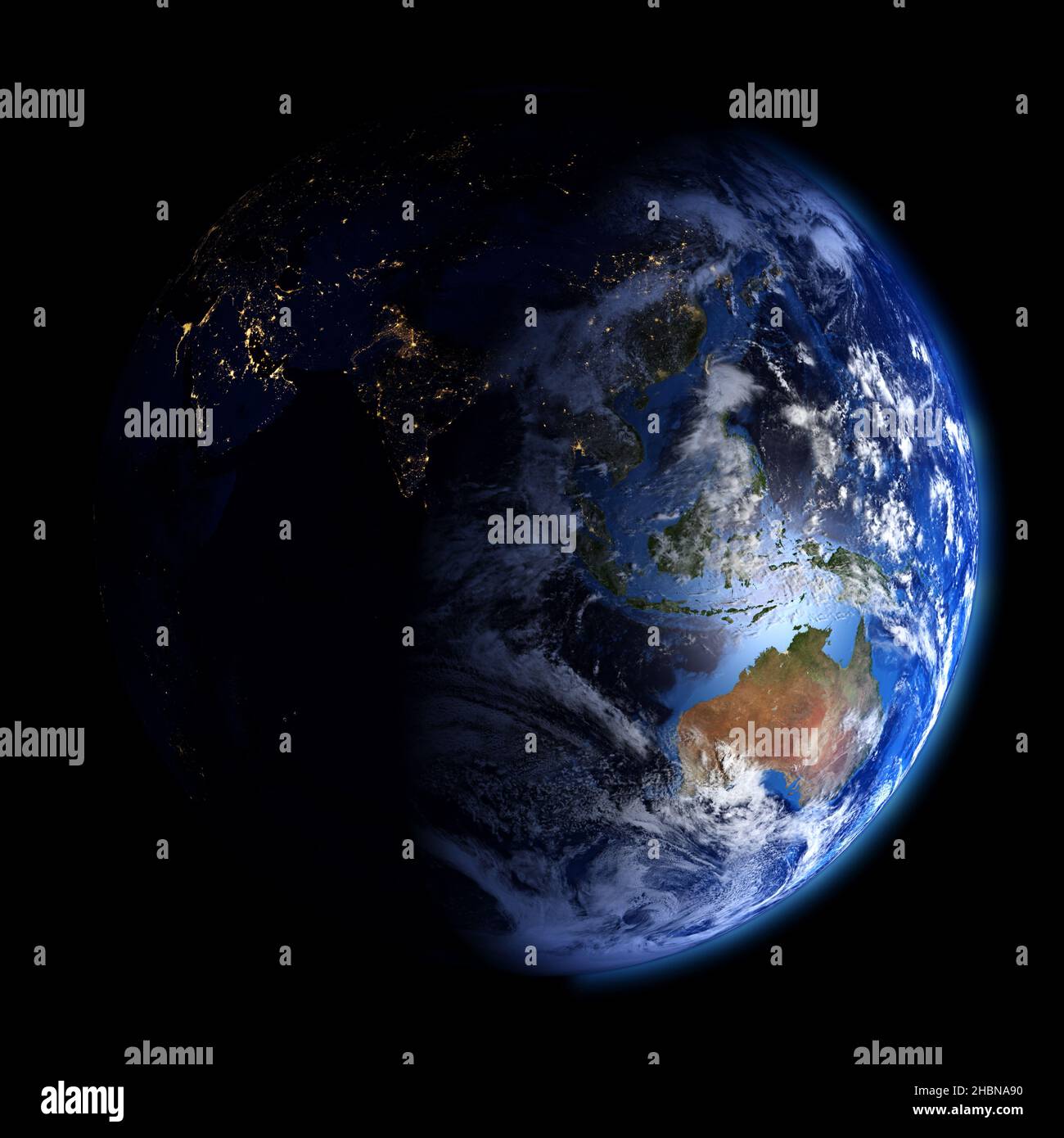 Giorno e notte sulla Terra dallo spazio che mostra l'Asia e l'Australia. Elementi di questa immagine forniti dalla NASA. Foto Stock