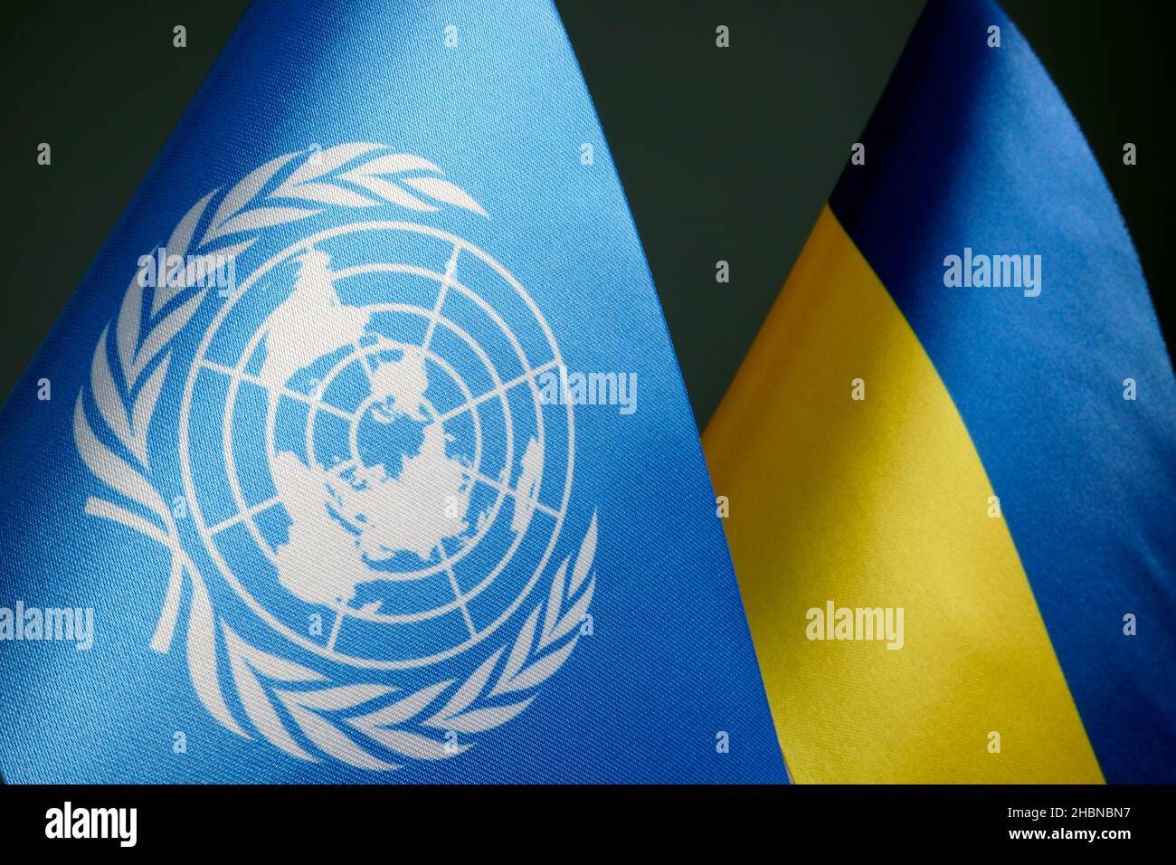 KIEV, UCRAINA - 10 dicembre 2021. Bandiere dell'Ucraina e delle Nazioni Unite. Foto Stock