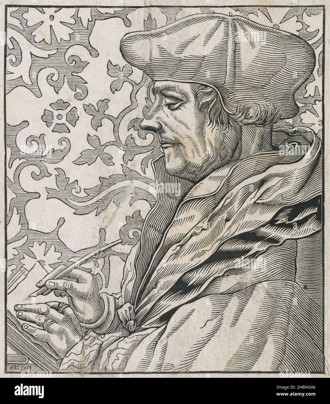 Antica incisione del 19th secolo di Erasmus, dopo Hans Holbein il giovane. Desiderius Erasmus Roterodamus (1466-1536) è stato un filosofo e teologo cattolico olandese, considerato uno dei più grandi studiosi del Rinascimento settentrionale. FONTE: INCISIONE ORIGINALE Foto Stock