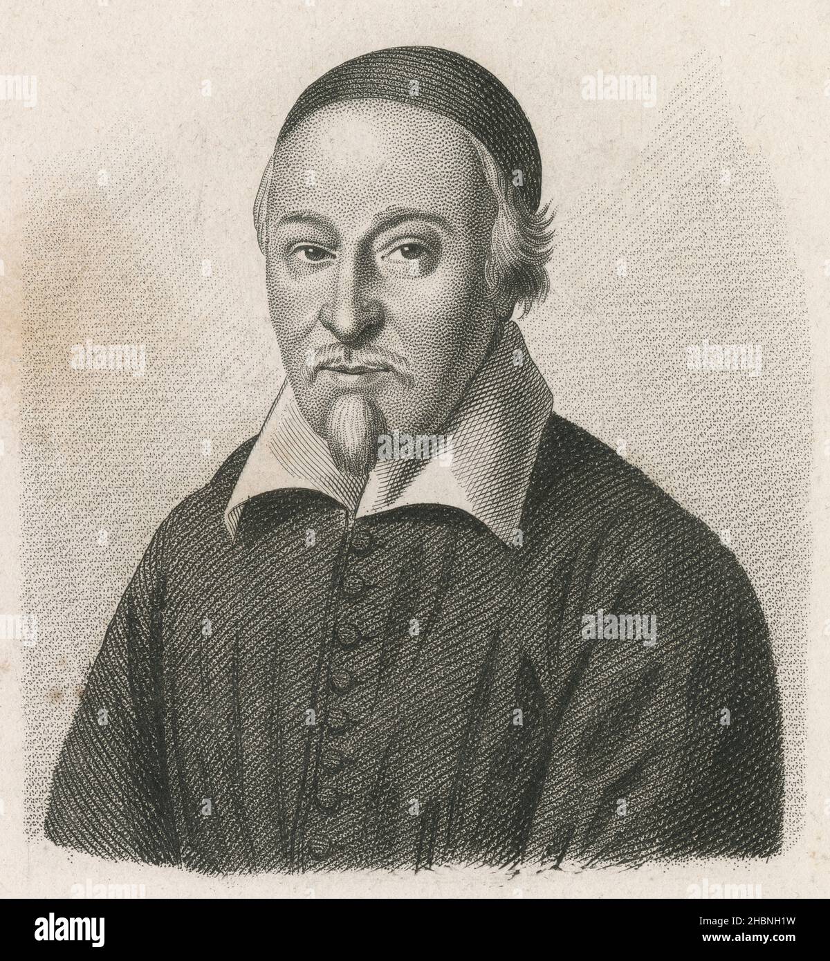 Incisione antica del C1860, Jean Riolan il giovane. Jean Riolan (il giovane) (1577 o 1580-1657) è stato un anatomista francese, membro influente della Facoltà di Medicina di Parigi. FONTE: INCISIONE ORIGINALE Foto Stock
