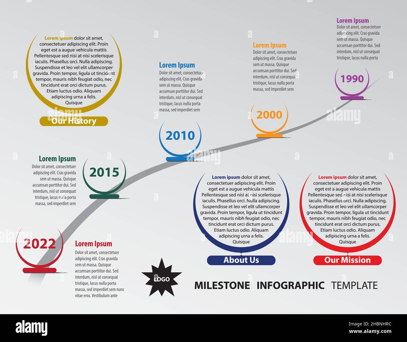 Modello infografico vettoriale con pietre miliari sulla timeline aziendale con evidenziazione su tracciato curvo. Livelli modificabili completamente ridimensionabili e organizzati, inclusi Illustrazione Vettoriale
