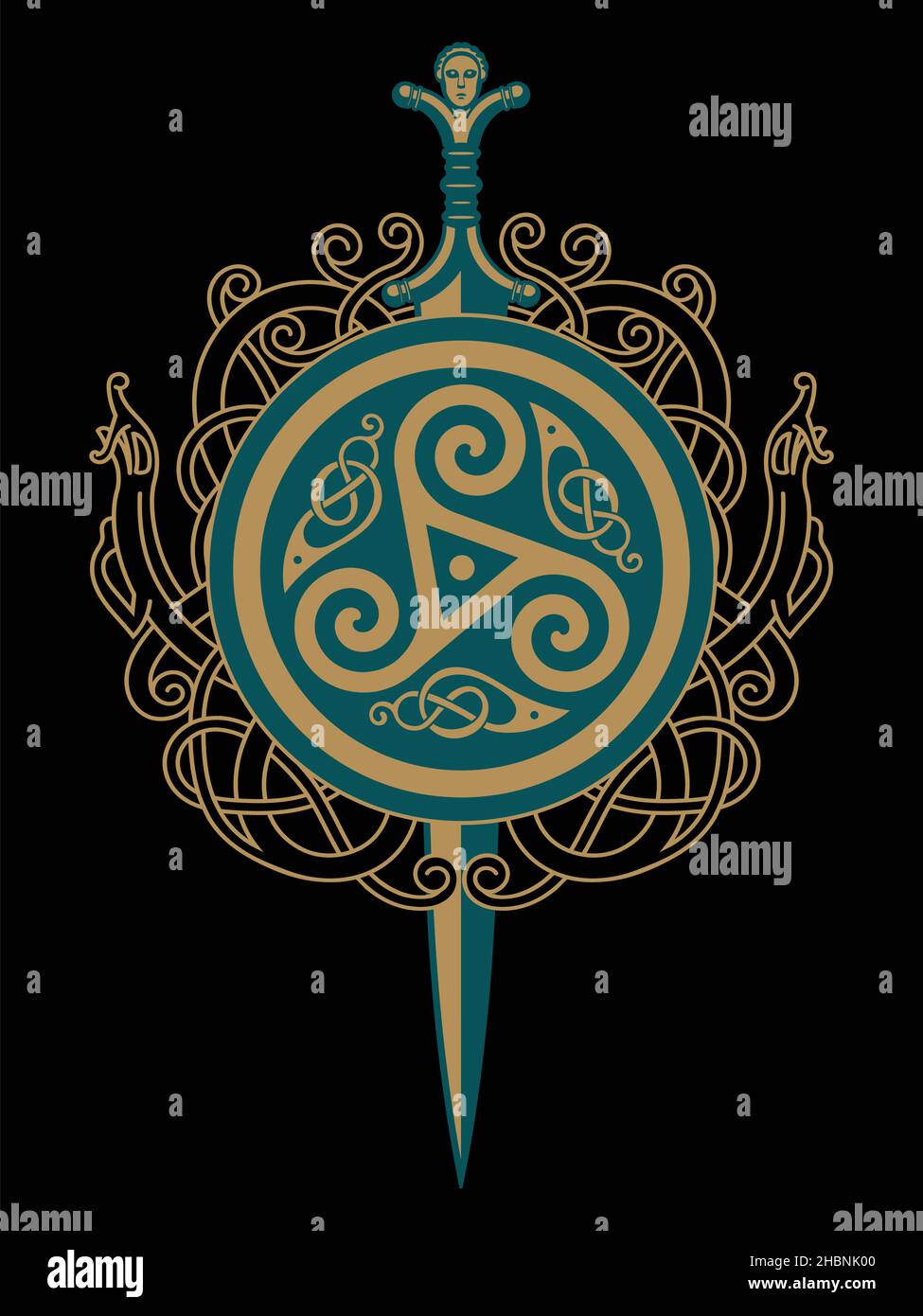 Viking, design celtico. Spada celtica e ornamenti celtici scandinavi Illustrazione Vettoriale