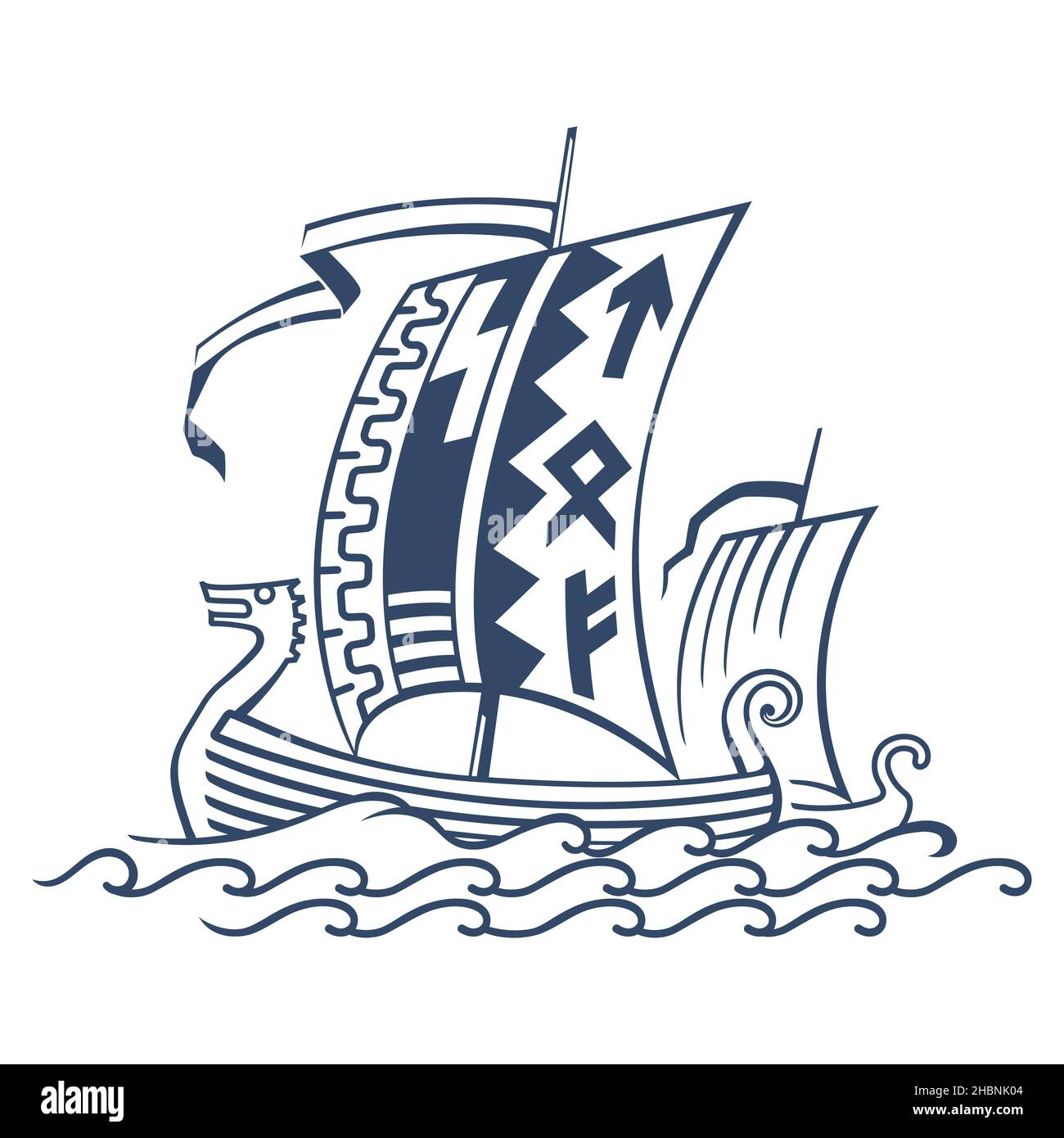 Design vichingo. Nave Drakkar vela in un mare tempestoso Illustrazione Vettoriale