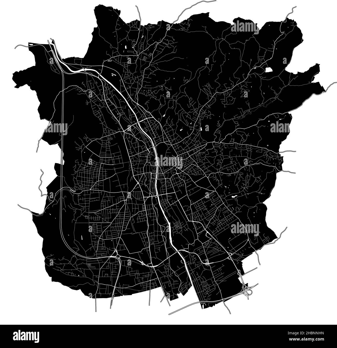 Graz, Austria, mappa vettoriale ad alta risoluzione con confini della città e percorsi modificabili. La mappa della città è stata disegnata con aree bianche e linee per le strade principali, Illustrazione Vettoriale