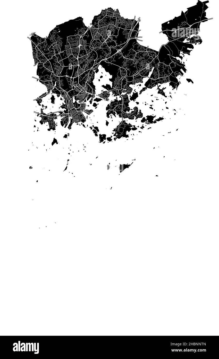 Helsinki, Finlandia, mappa vettoriale ad alta risoluzione con confini della città e percorsi modificabili. La mappa della città è stata disegnata con aree bianche e linee per il roa principale Illustrazione Vettoriale