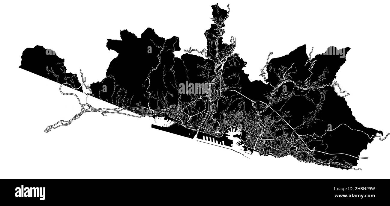 Genova, Italia, mappa vettoriale ad alta risoluzione con confini della città e percorsi modificabili. La mappa della città è stata disegnata con aree bianche e linee per le strade principali, s Illustrazione Vettoriale