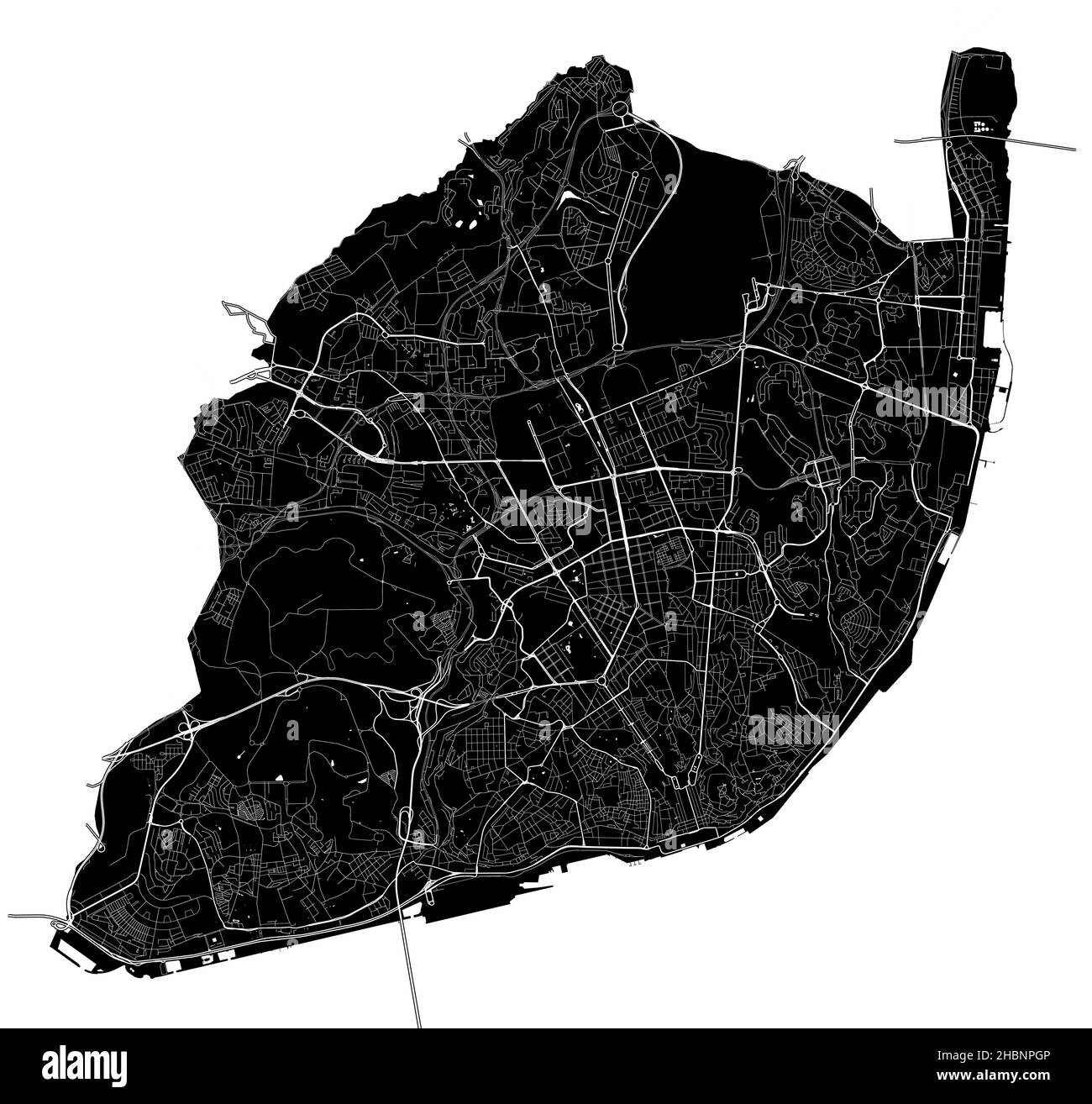 Lisbona, Portogallo, mappa vettoriale ad alta risoluzione con confini della città e percorsi modificabili. La mappa della città è stata disegnata con aree bianche e linee per la strada principale Illustrazione Vettoriale