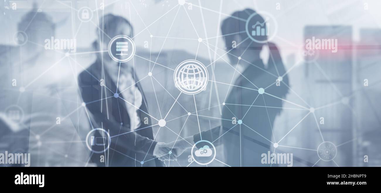 Progetto di comunicazione. Grafica sullo sfondo dei lavoratori in ufficio. Foto Stock