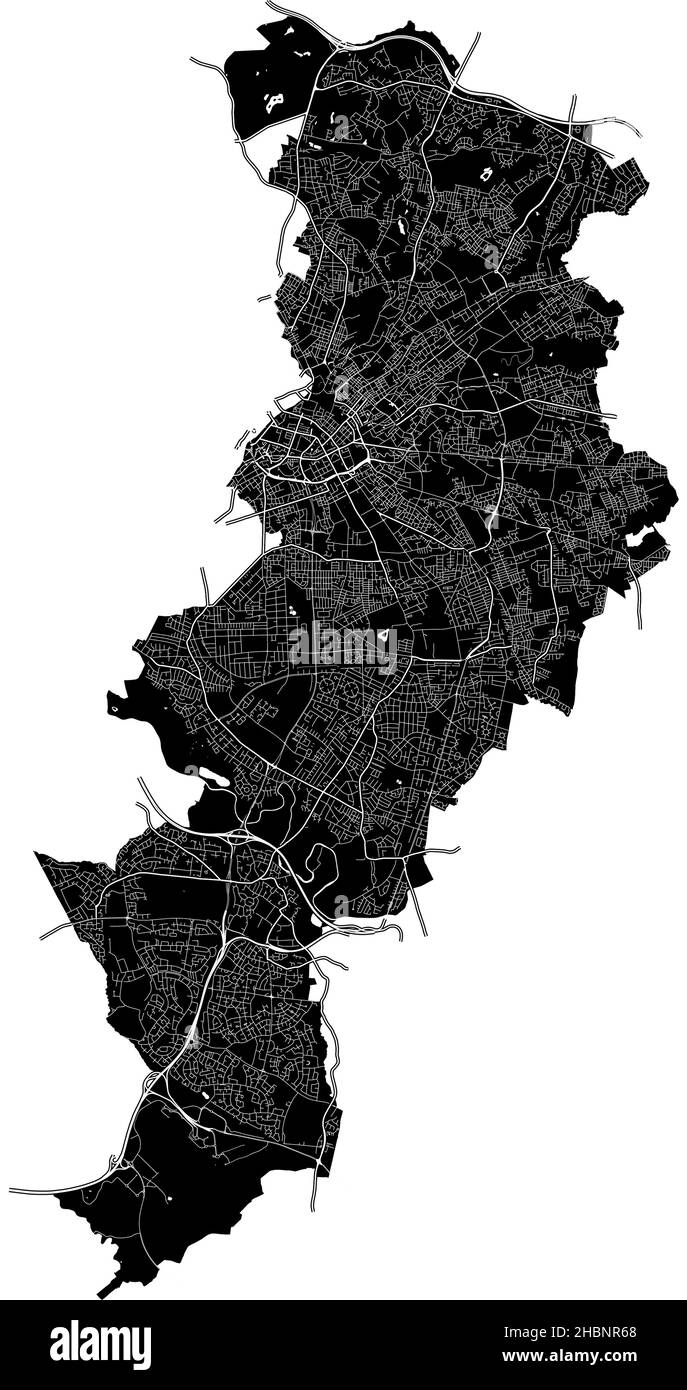 Manchester, Inghilterra, mappa vettoriale ad alta risoluzione con confini della città e percorsi modificabili. La mappa della città è stata disegnata con aree bianche e linee per il principale r Illustrazione Vettoriale