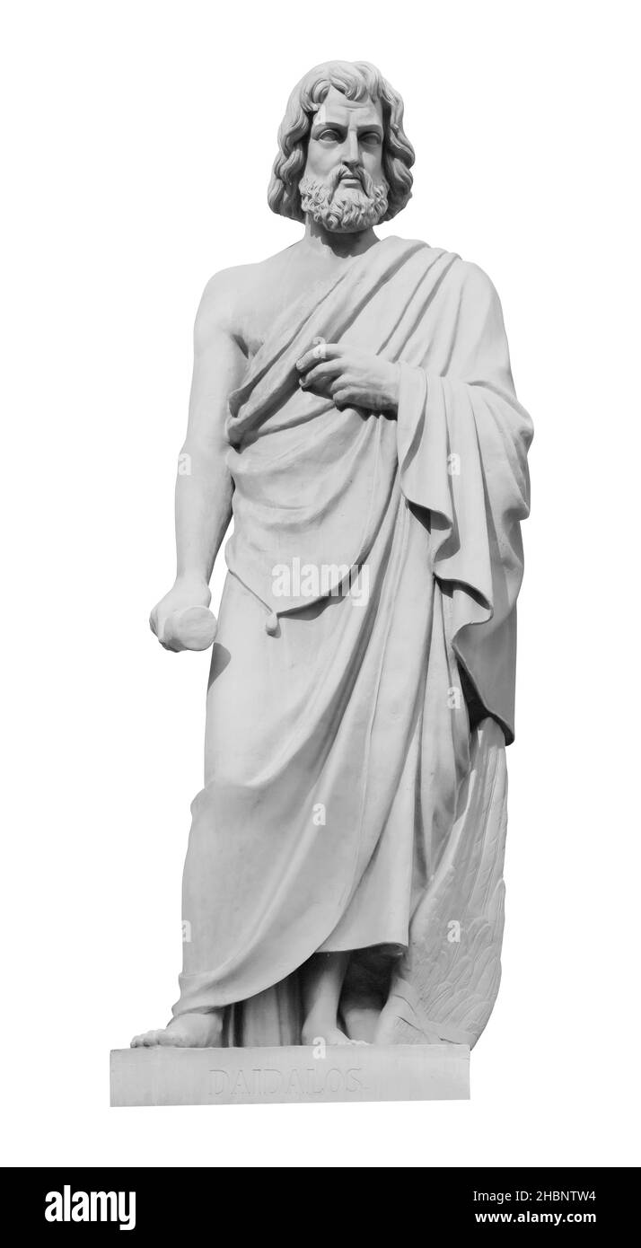 Statua dell'inventore biblico Daedalo. Scultura antica isolata su sfondo bianco. Ritratto classico uomo d'antichità Foto Stock
