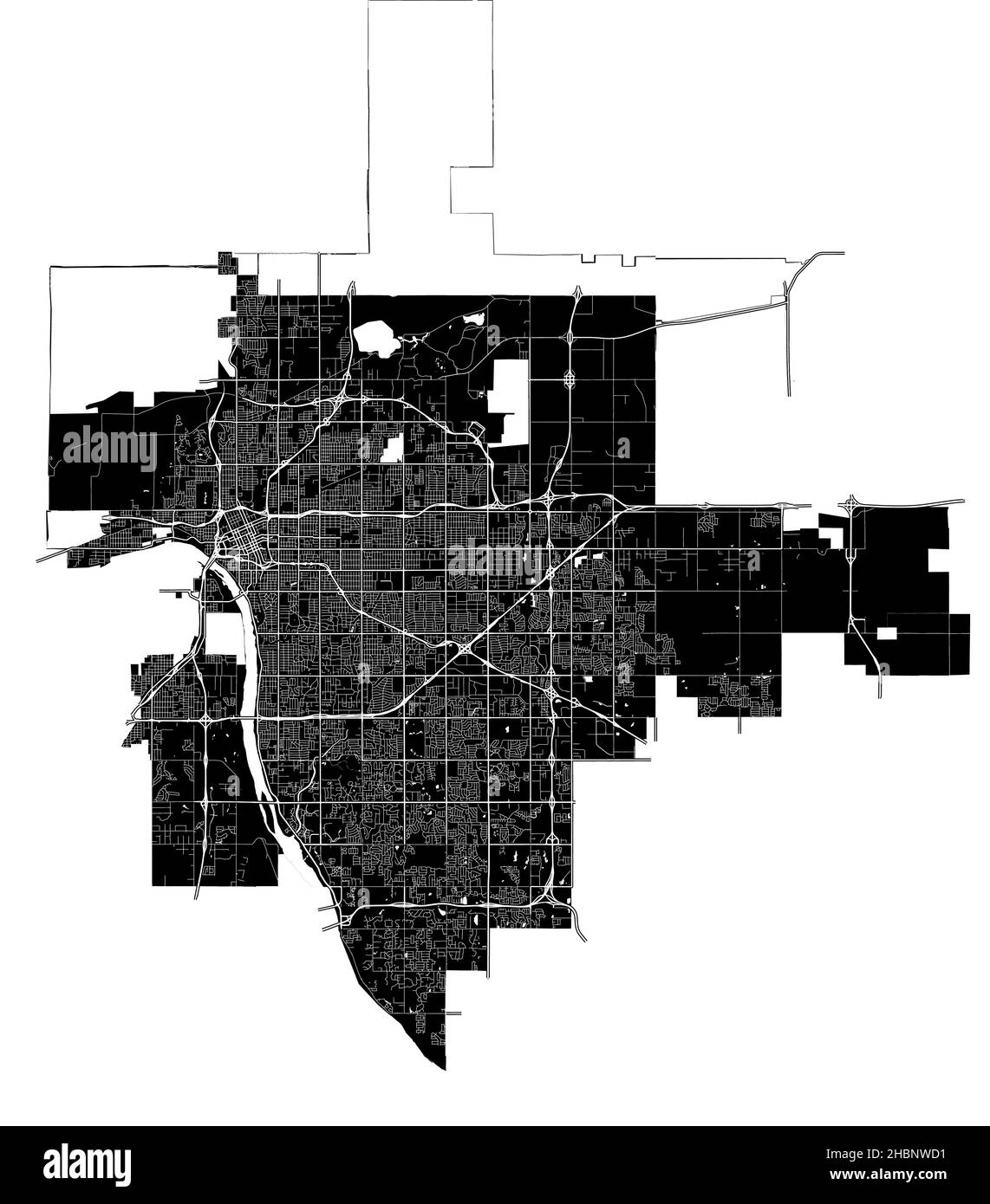 Tulsa, Oklahoma, Stati Uniti, mappa vettoriale ad alta risoluzione con confini della città e percorsi modificabili. La mappa della città è stata disegnata con aree e linee bianche Illustrazione Vettoriale