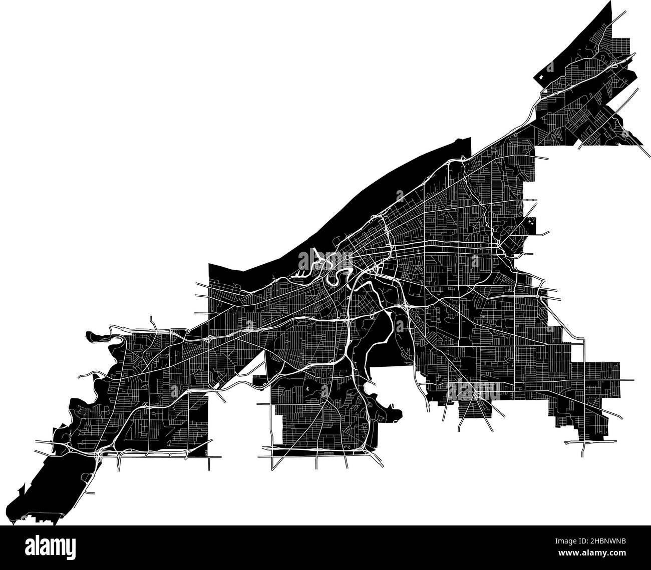 Cleveland, Ohio, Stati Uniti, mappa vettoriale ad alta risoluzione con confini della città e percorsi modificabili. La mappa della città è stata disegnata con aree e linee bianche Illustrazione Vettoriale