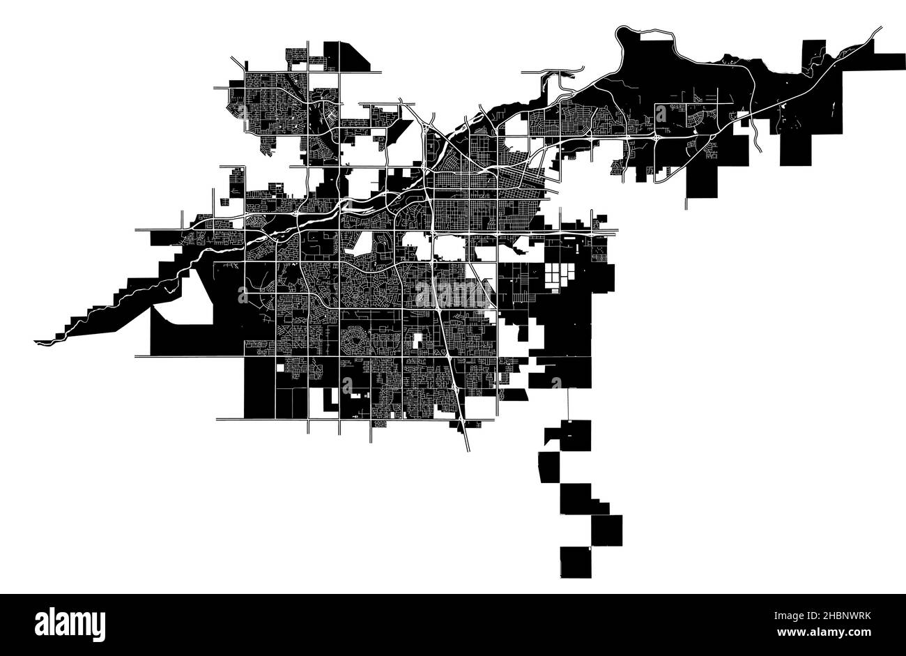 Bakersfield, California, Stati Uniti, mappa vettoriale ad alta risoluzione con confini della città e percorsi modificabili. La mappa della città è stata disegnata con aree bianche A. Illustrazione Vettoriale