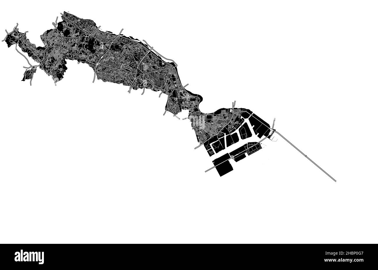Kawasaki, Giappone, mappa vettoriale ad alta risoluzione con confini della città e percorsi modificabili. La mappa della città è stata disegnata con aree bianche e linee per le strade principali Illustrazione Vettoriale