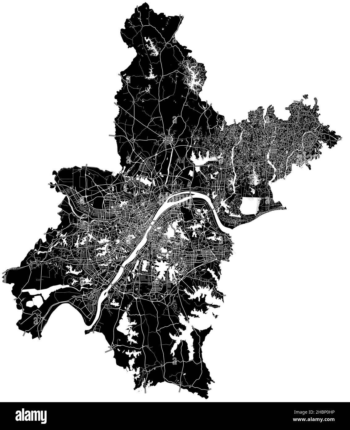 Wuhan, Cina, mappa vettoriale ad alta risoluzione con confini della città e percorsi modificabili. La mappa della città è stata disegnata con aree bianche e linee per le strade principali, s Illustrazione Vettoriale