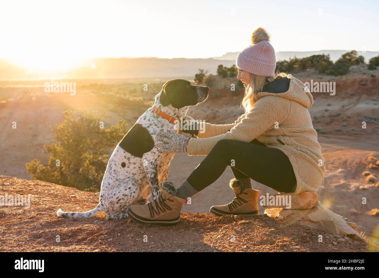 Donna sorridente accarezzando il cane mentre si siede nel deserto il giorno di sole Foto Stock