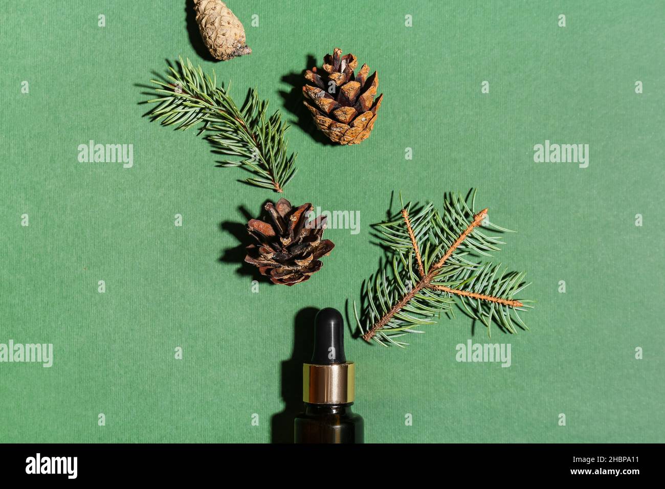 Composizione con bottiglia di olio essenziale, rami di abete e coni su sfondo verde Foto Stock