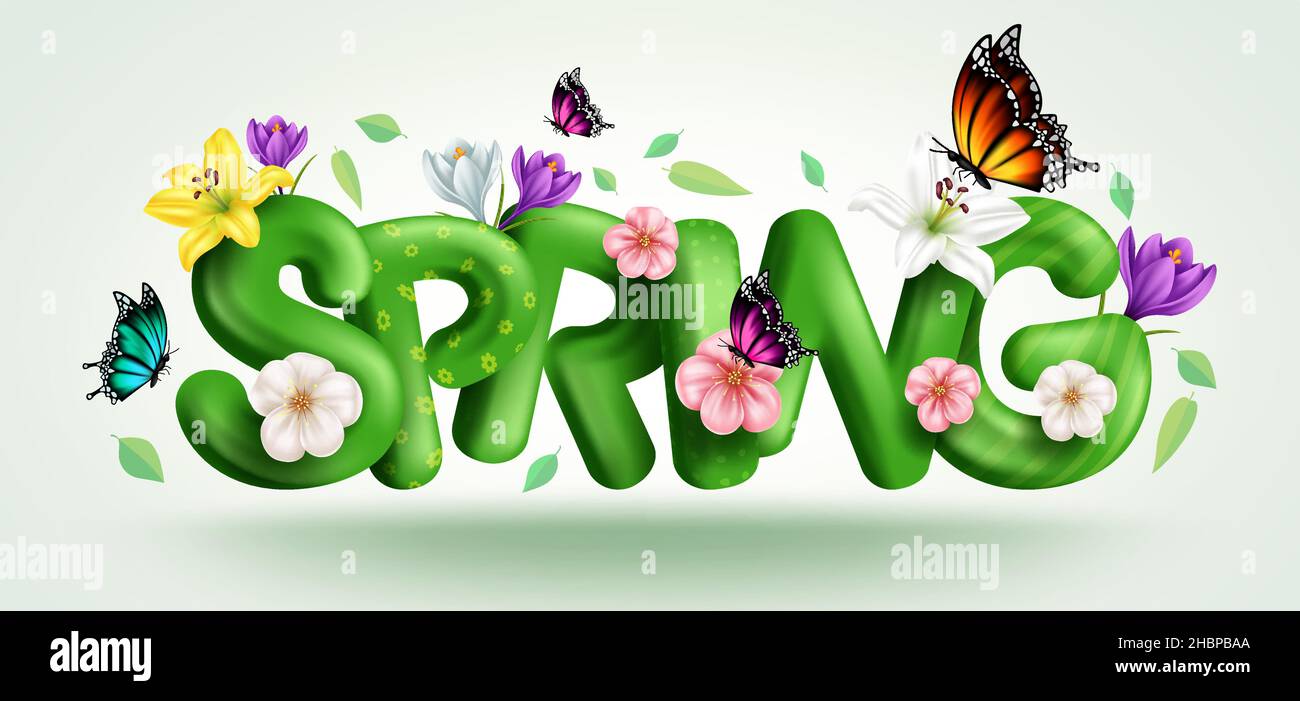 Design vettoriale tipografico primaverile. Primavera 3D testo in verde modelli realistici con foglie, fiori e farfalle elementi natura per floreale. Illustrazione Vettoriale