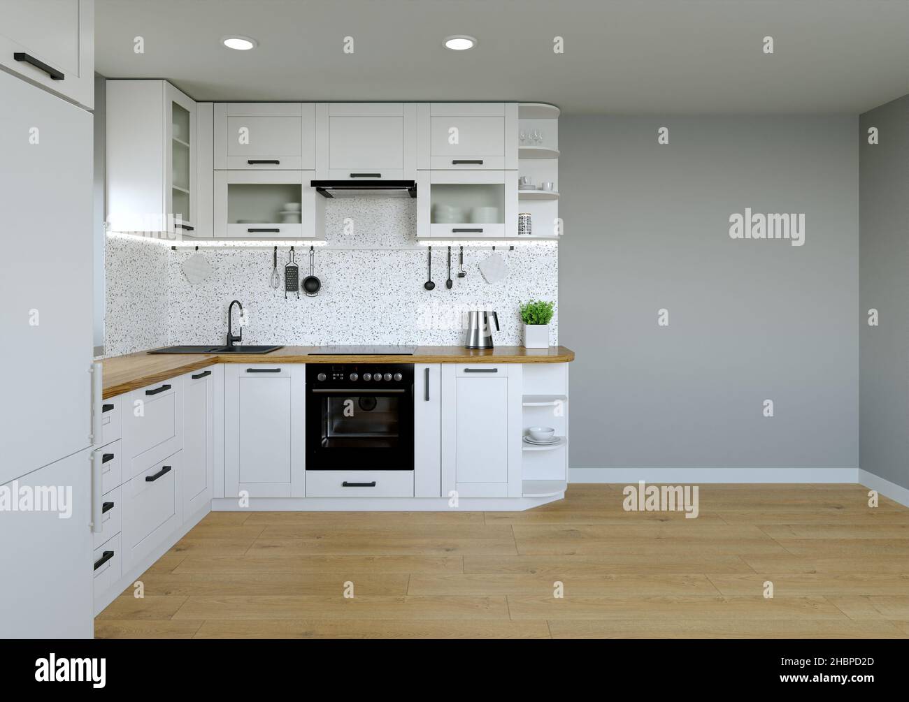 Cucina interier. 3D rendering di una cucina luminosa. Foto Stock