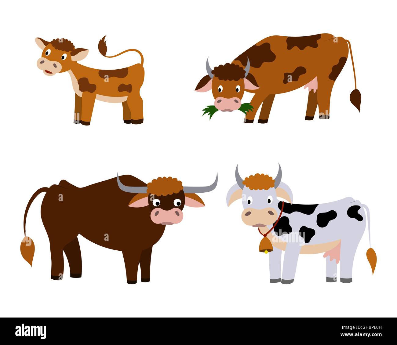 una serie di carine mucche cartoon e un vettore vitello isolato su uno sfondo bianco Illustrazione Vettoriale