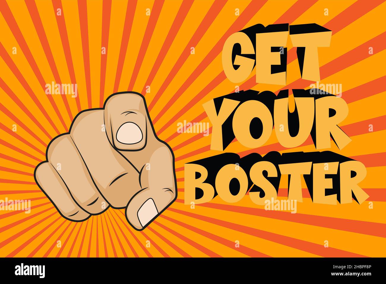 Ottieni il tuo Booster puntando il dito fumetto illustrazione su uno sfondo sunburst Illustrazione Vettoriale