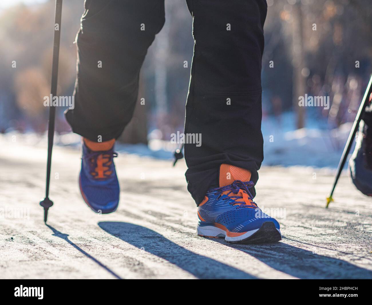 Primo piano - gambe di un uomo, nordic walking in inverno. Attività ricreative fitness e stile di vita sano all'aperto nella natura. Motivazione e ispirazione invernale l Foto Stock