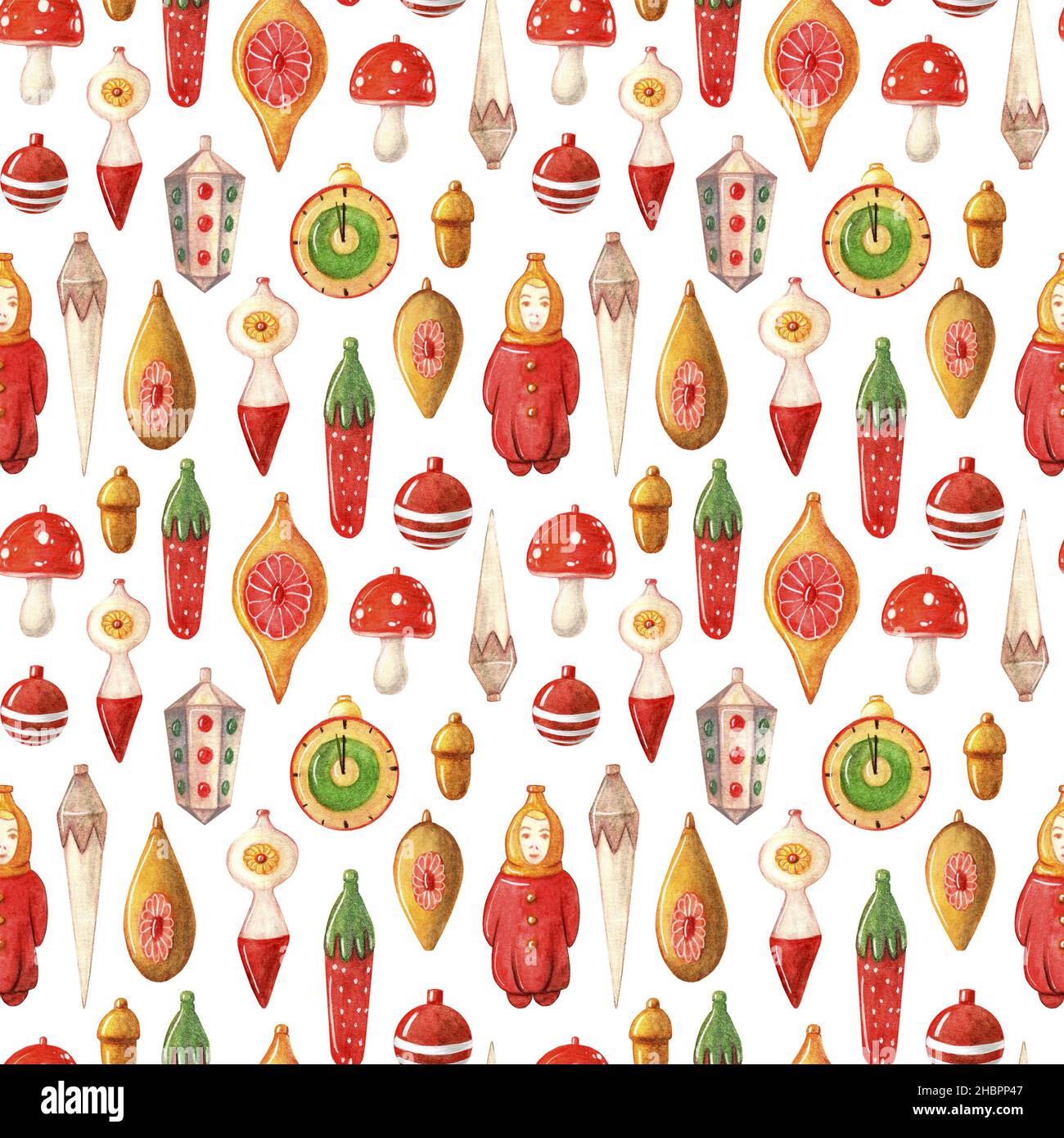 Giocattoli vintage di Natale acquerello modello senza cuciture. Biglietto di auguri per l'anno nuovo. Può essere utilizzato per decorare pacchetti vacanza, tessuti, carta da imballaggio, tessuti isolati su sfondo bianco. Foto Stock