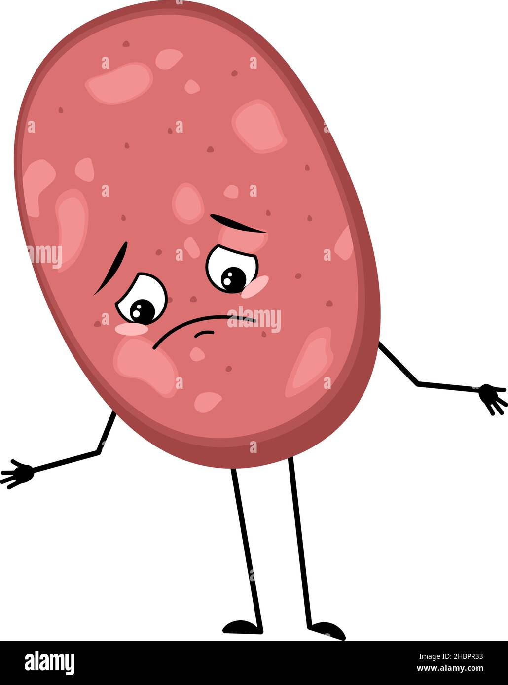 Simpatico personaggio di salsiccia con emozioni tristi, viso depresso, occhi abbassati, braccia e gambe pasto divertente o spuntino di carne con espressione malinconia. Illustrazione piatta vettoriale Illustrazione Vettoriale
