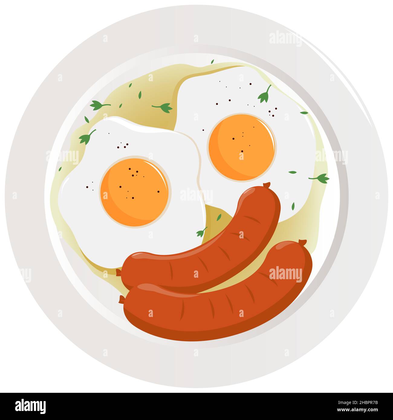 Piatto di uova fritte e salsicce. Il Cafe Restaurant serve la colazione su un piatto. Menu di cibi sani. Piatto di uova fritte, salsicce e salsa con sugo di carne. Foto Stock