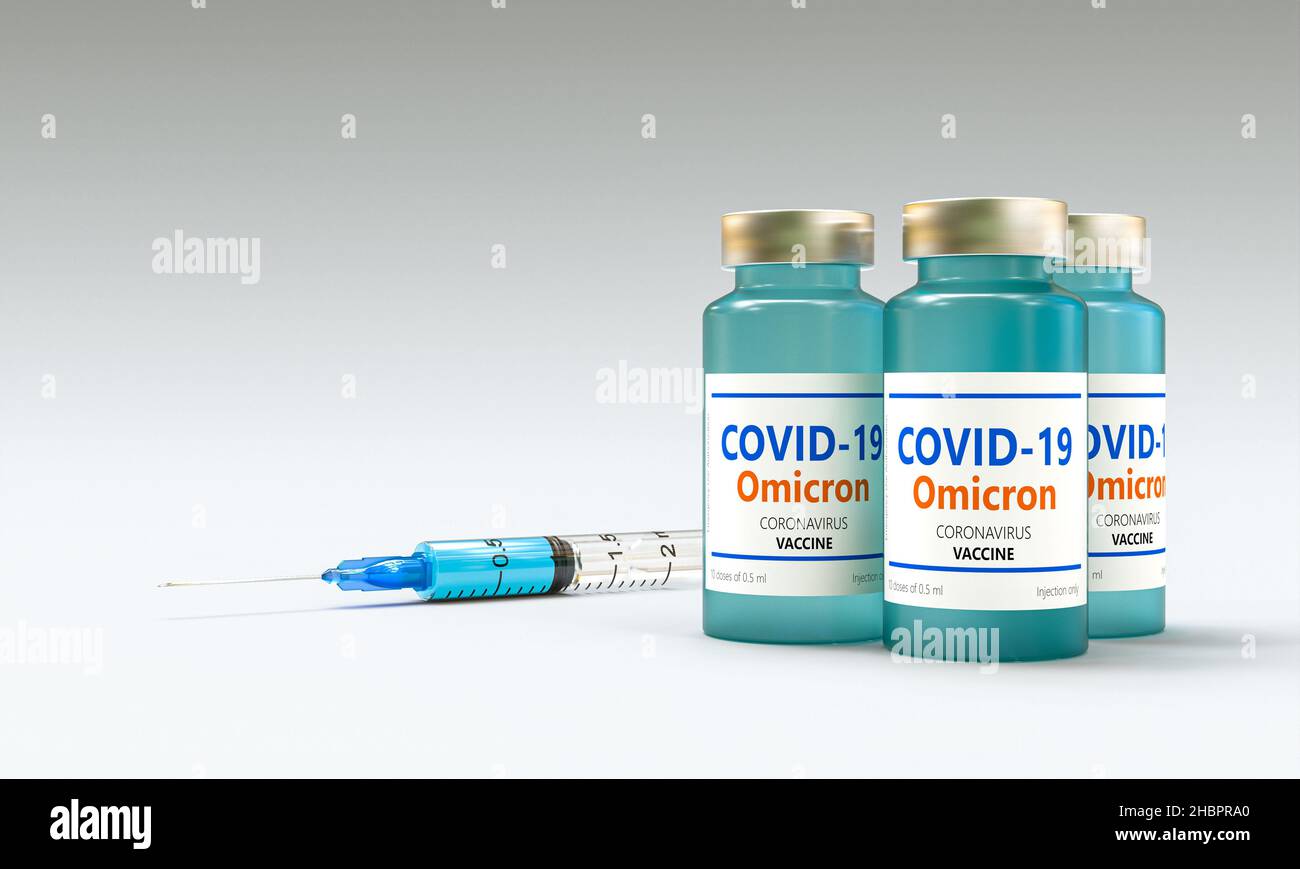 covid-19 vaccino omicron variante con siringa. 3d rendering Foto Stock