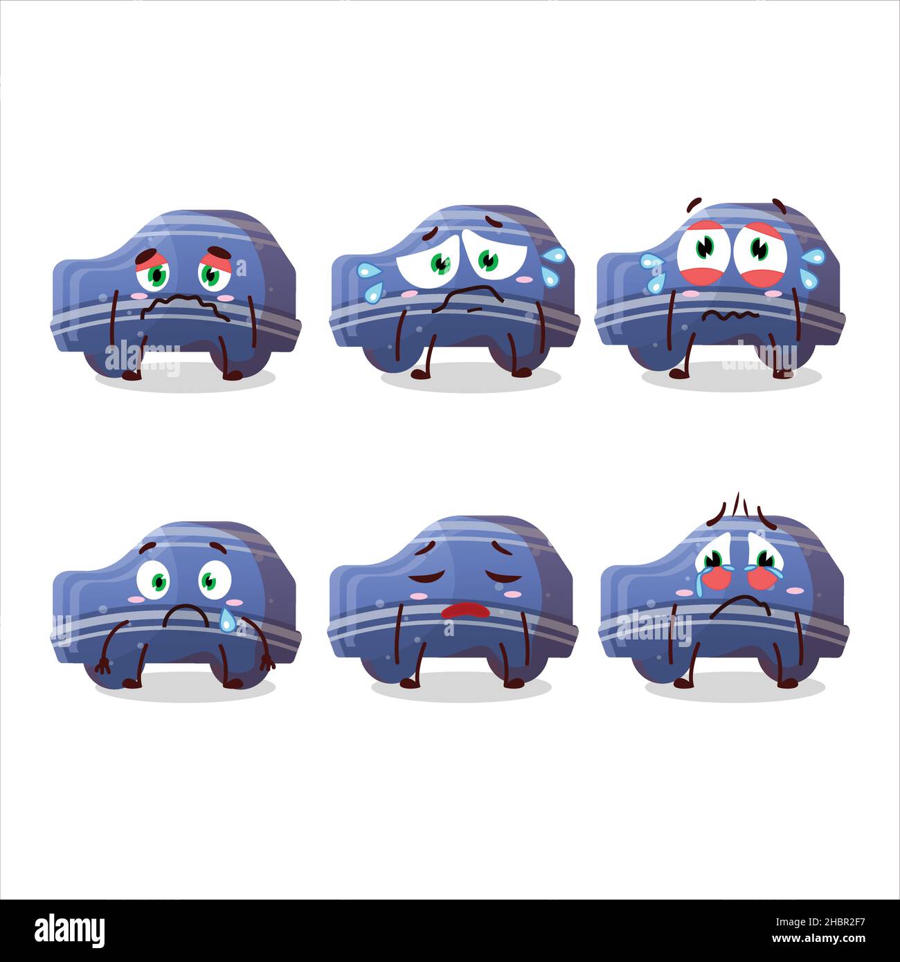Blue car gummy caramella personaggio cartoon con triste espressione. Illustrazione vettoriale Illustrazione Vettoriale