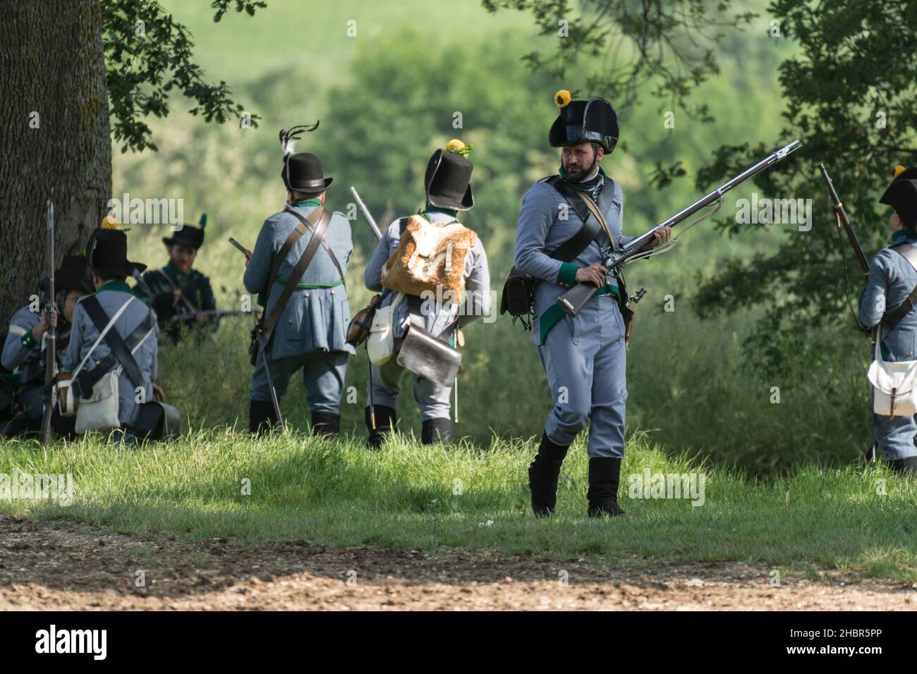 Rievocazione storica della battaglia di Tolentino combattuta dal re di Napoli, Gioacchino Murat contro gli Austriaci, Tolentino, Marche, Italia, Euro Foto Stock