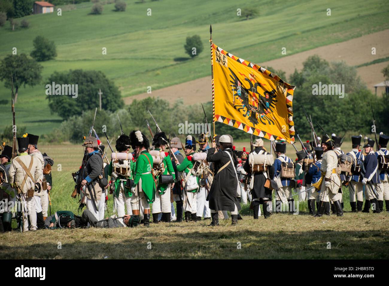 Rievocazione storica della battaglia di Tolentino combattuta dal re di Napoli, Gioacchino Murat contro gli Austriaci, Tolentino, Marche, Italia, Euro Foto Stock