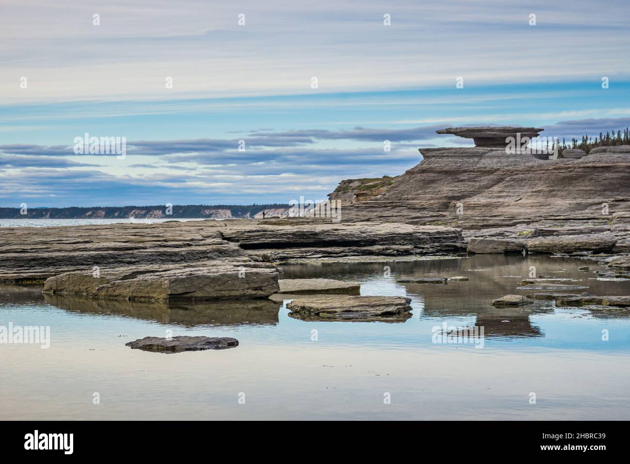 L'aspra costa dell'estuario di San Lorenzo, con formazioni rocciose scolpite dall'erosione vicino alla cascata di Cap Ferré a Havre St Pierre, in Cote Nord r Foto Stock