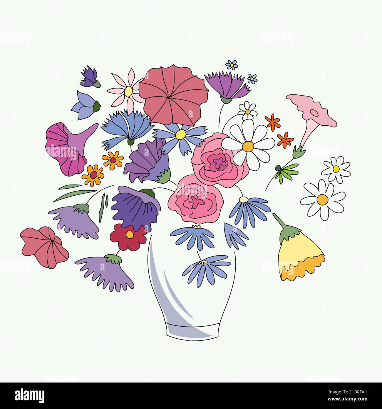 Bouquet con fiori in fiore in vaso disegno vettoriale piatto. Mazzo di fiori diversi isolato su bianco. Illustrazione Vettoriale