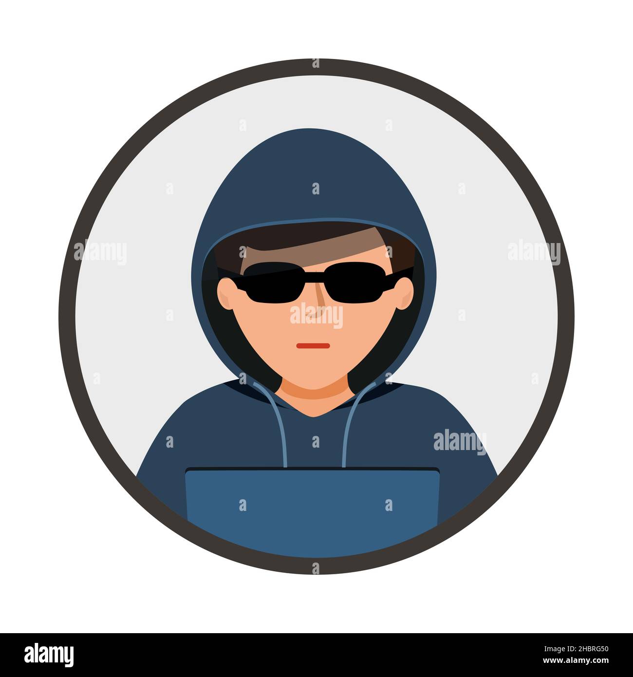 Icona hacker. L'uomo con cappuccio nero è seduto su un computer portatile. Hacker in cerchio icona isolata su sfondo bianco. Illustrazione vettoriale in design piatto. cyb Illustrazione Vettoriale