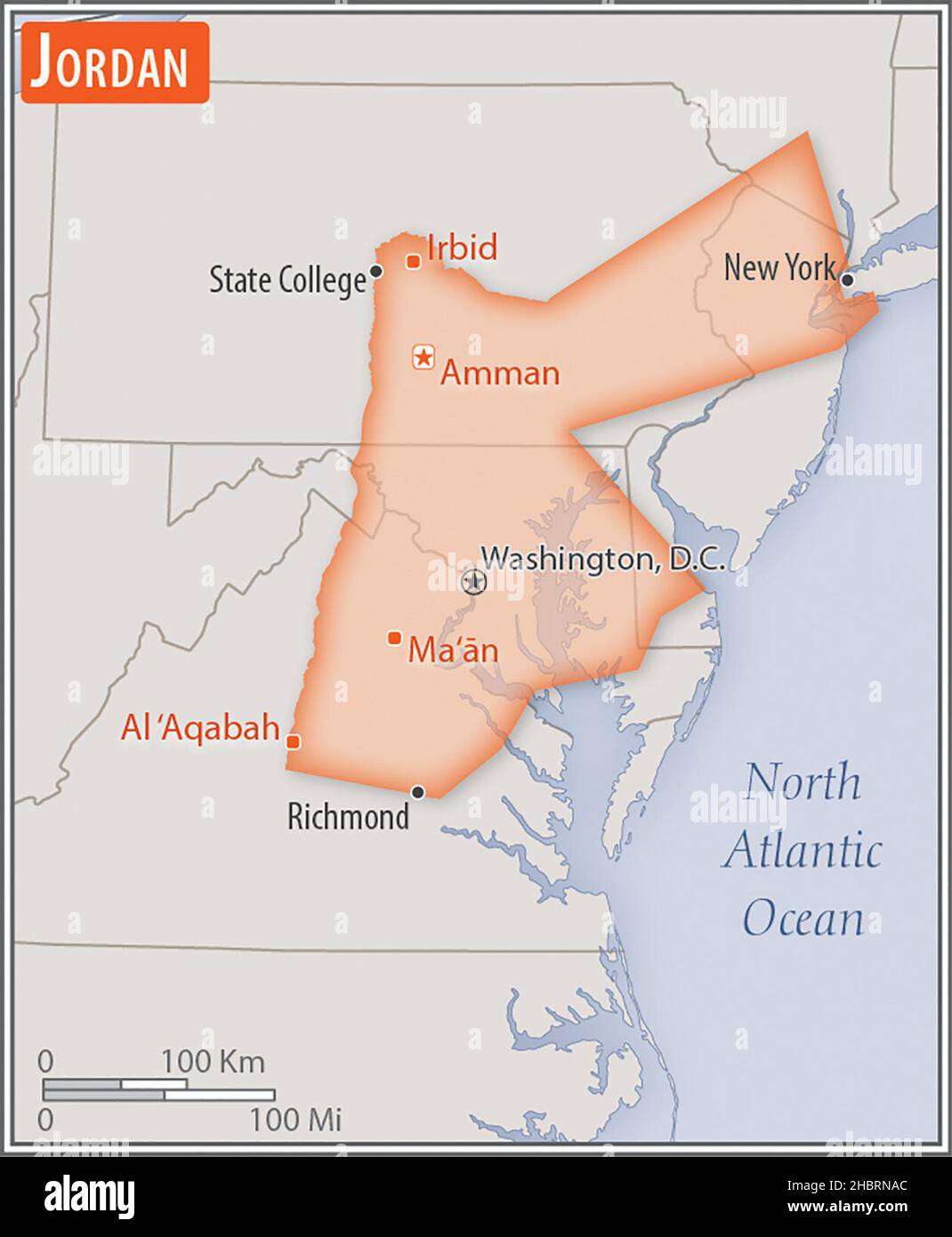 Mappa di Giordania. Confronto delle aree di due paesi. L'area della Giordania con le città più grandi (rosso) si sovrappone all'area degli Stati Uniti d'America (sfondo grigio) ca. 17 febbraio 2014 Foto Stock
